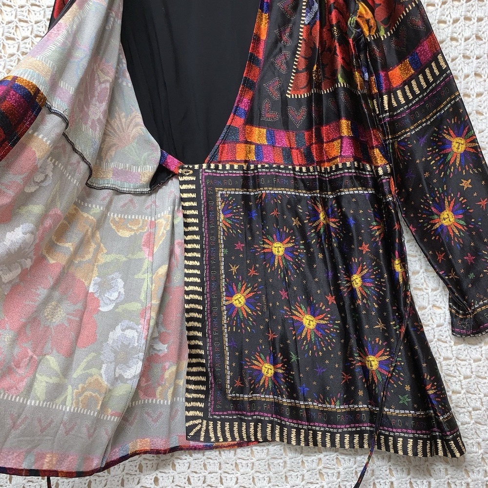 Farm‎ Rio Mini Wrap Dress Women L Black Floral Mixed Arabesque Scarves Long Slv - Picture 3 of 16